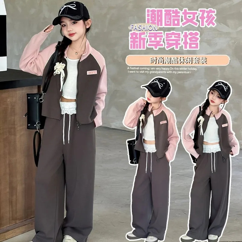 Traje de otoño para niñas de moda 2024 nuevo estilo ropa de otoño para niños medianos y grandes suéter casual para niños de estilo occidental de dos piezas suelto