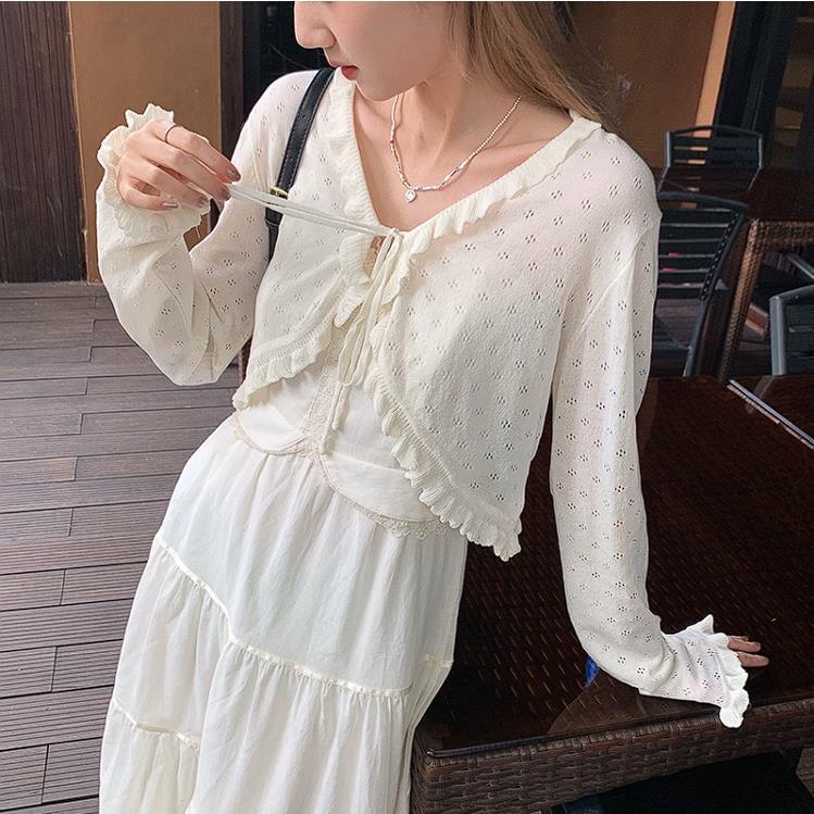 Short Elegant All-match Wood-ear Hollow Strap Thin Knitted Cardigan Women's Top 2023 New Style