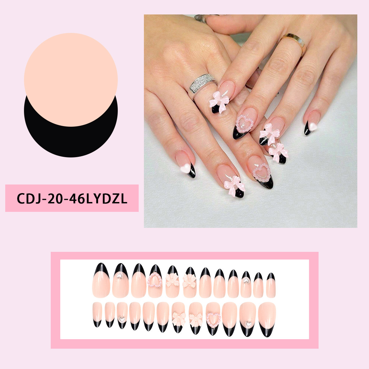 Uñas negras francesas desnudas de amor rosa arco de uñas falsas desmontables fabricantes de fuentes de uñas