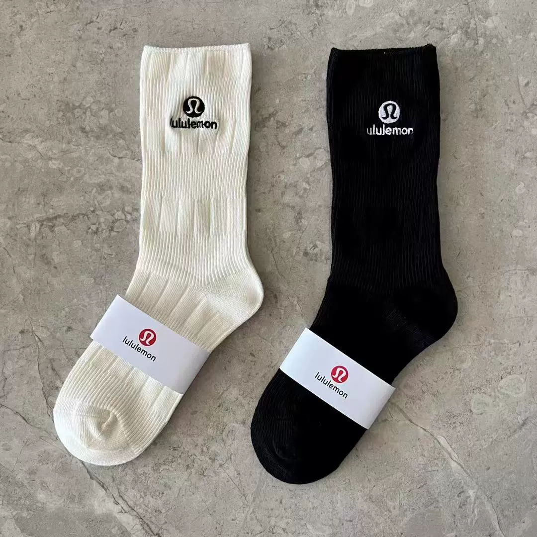 Новые женские носки Lululemon с двойной строчкой, вышивкой, впитывающие, средняя и высокая трубка хлопковые носки, собранные