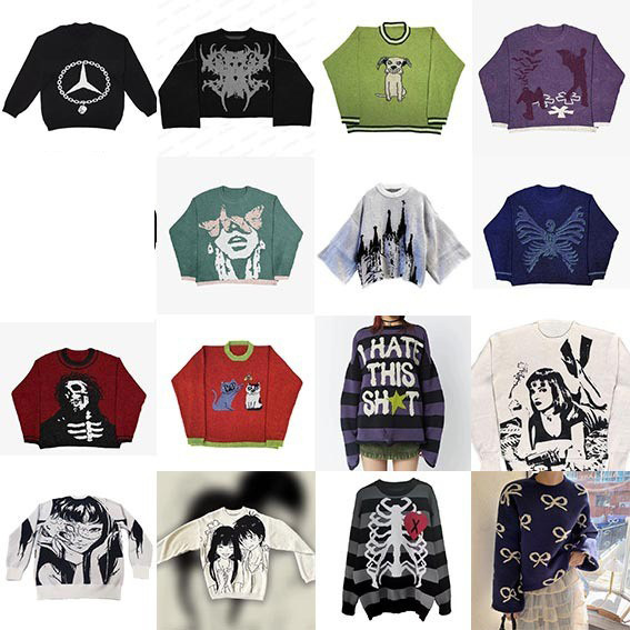 Harajuku cross-border autumn and winter trend round neck loose two-dimensional jacquard men's and women's subculture long sleeve sweater wholesale