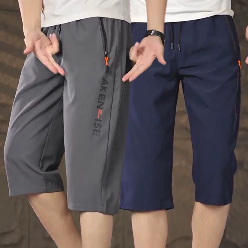K259 Летние мужские тонкие укороченные брюки с карманами на молнии, прямые свободные спортивные шорты из ледяного шелка, повседневные брюки с 7 точками
