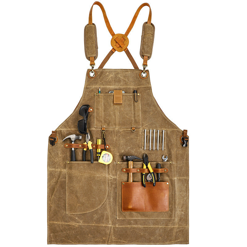 Heavy Duty Waxed Canvas Apron Genuine Leather Pocket Woodworking Apron Adjustable Men's Work Apron Waterproof Customization
