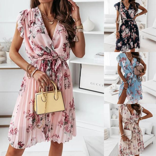 2022 Amazon wish AliExpress Explosions Summer Ruffled Short Sleeve V-Neck Digital Printed Dress for Women