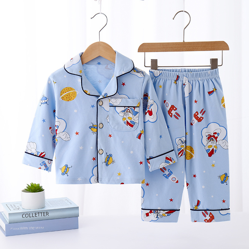 (2개) 봄과 가을 어린이 빗질 된 면화 긴팔 가디건 홈웨어 어린이 옷깃 인쇄 잠옷 소녀 캐주얼 세트를 대신하여