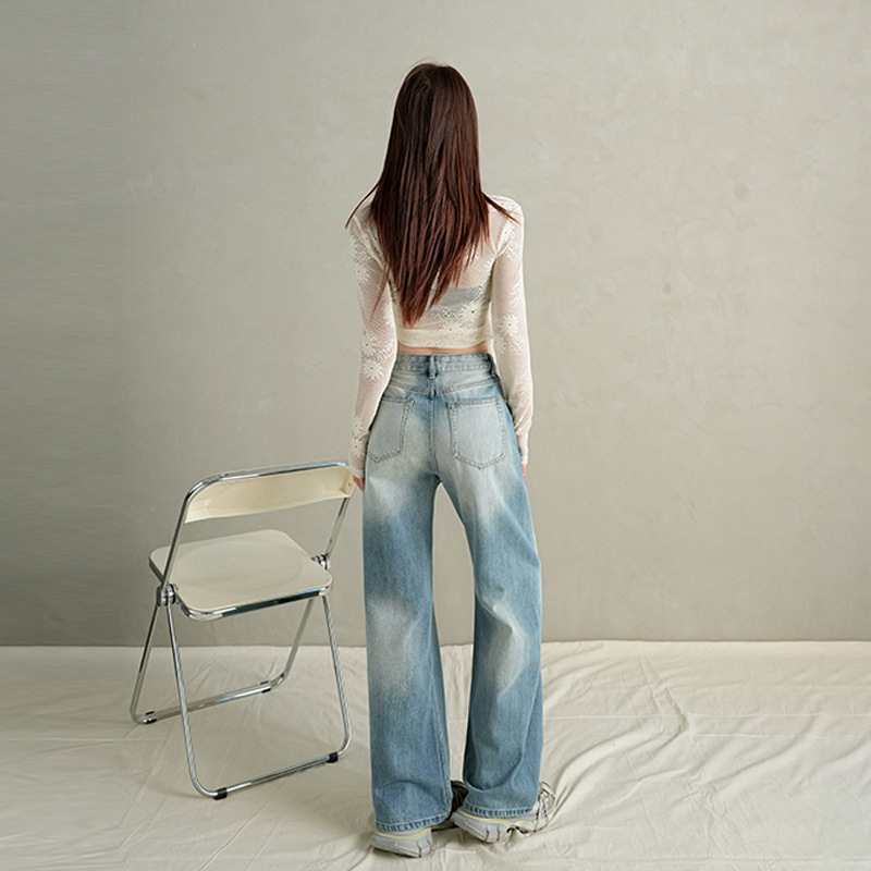 2025秋季新款＆美式时髦搭子肌理感磨白显瘦百搭阔腿拖地牛仔裤女|undefined