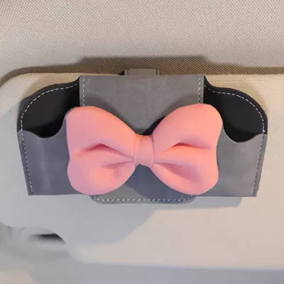 Case with Bowknot, Pu Leather: Car Glasses Clip/Bill Clip - pink-bow-gray-eye-box
