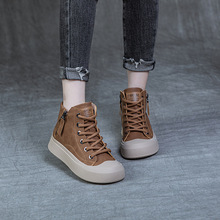 高帮鞋女真皮复古平底板鞋2023秋季新款加绒短筒靴大码女鞋40-43