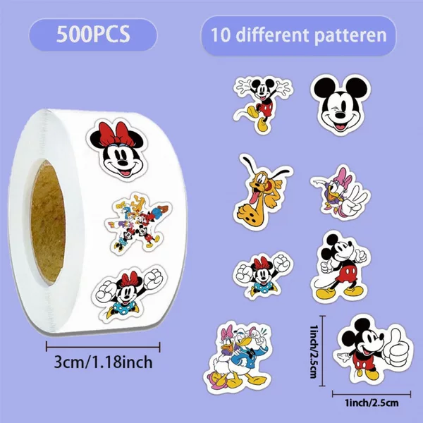 500 Sheets/Roll Cartoon Mickey Roll Stickers Cross-Border Hot-Selling Tape Handbook Material DIY Decorative Envelope Sealing Stickers