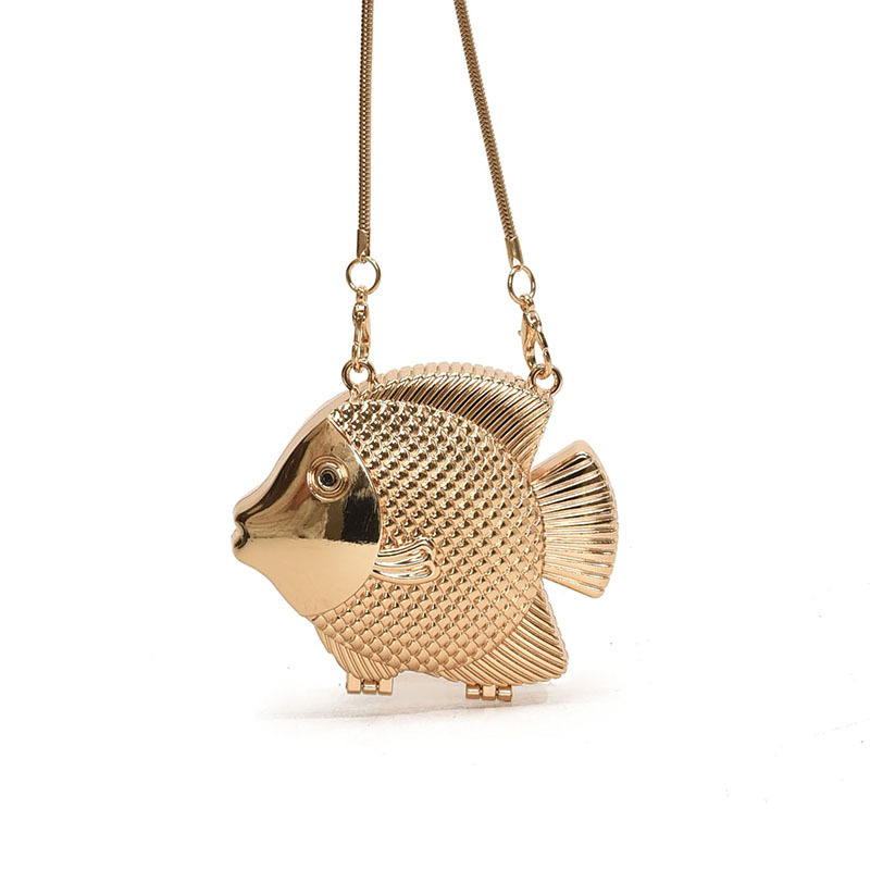 Personalidad elegante de metal en forma de pescado bolso 2025 nuevo dulce lindo extraño hombro mini bolso de lápiz labial de moda