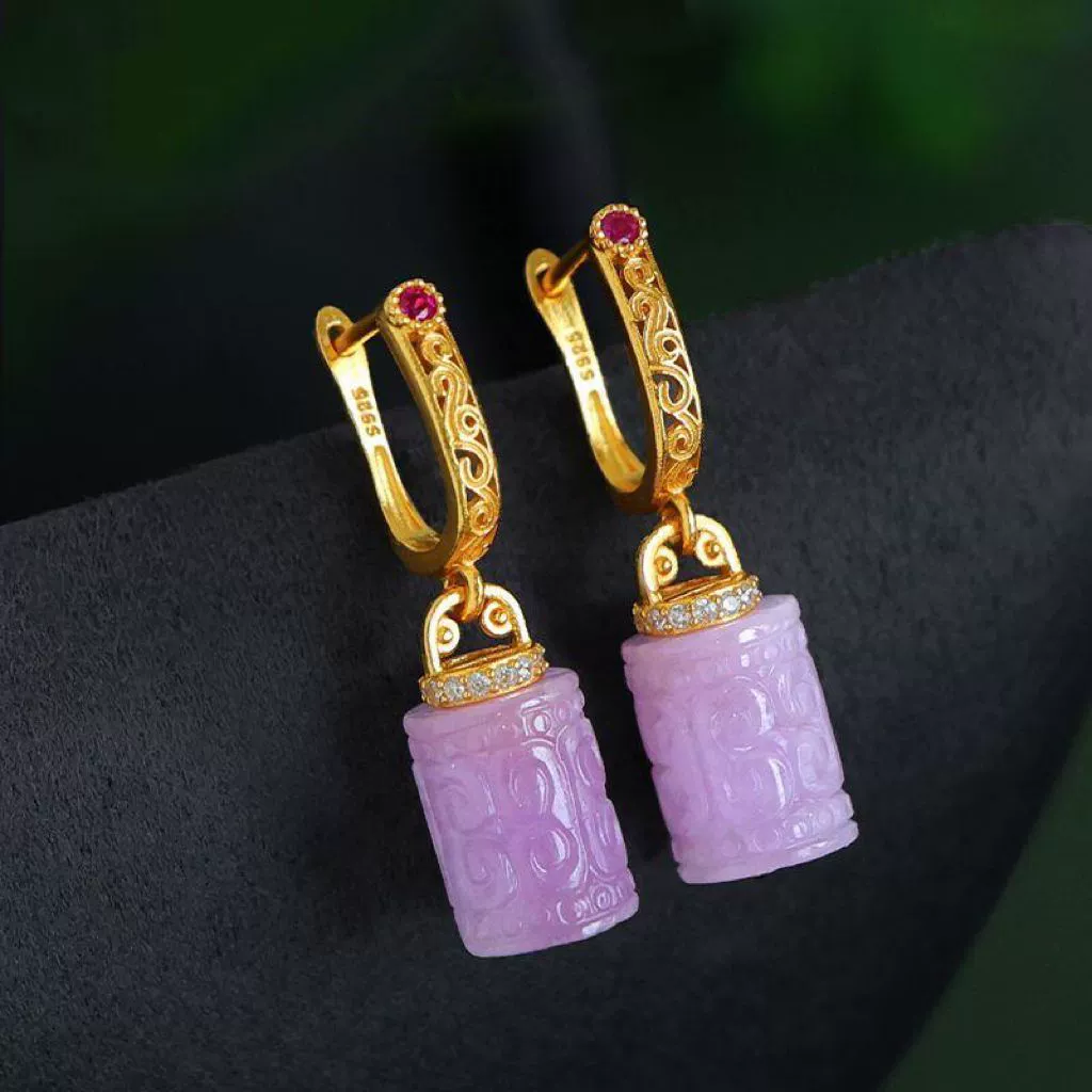 Натуральный фиолетовый литий серьги женские позолоченные бусины барабанные серьги древний стиль новый китайский стиль серьги без шрамов