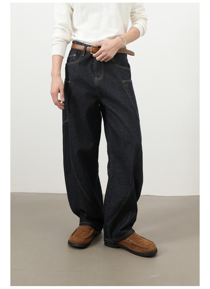 Quần jean nam ống rộng phong cách đường phố retro, nhiều túi hộp, dáng lỏng lẻo — Denim đen, Trắng, màu hồng, màu xanh chi tiết 6
