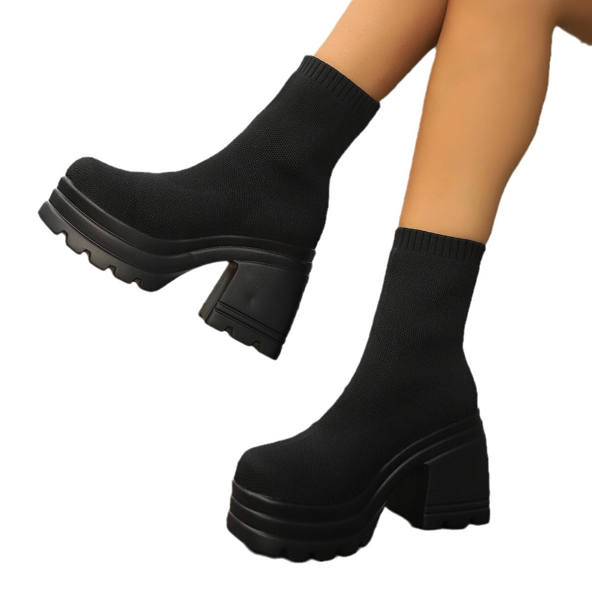 Large size large size short boots new square head waterproof platform high heels fashion thick soled elastic boots_voghion.com