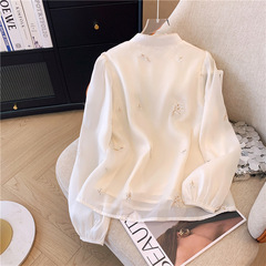 2025早春新中国式改良版国風刺繍斜襟シフォンシャツ長袖女