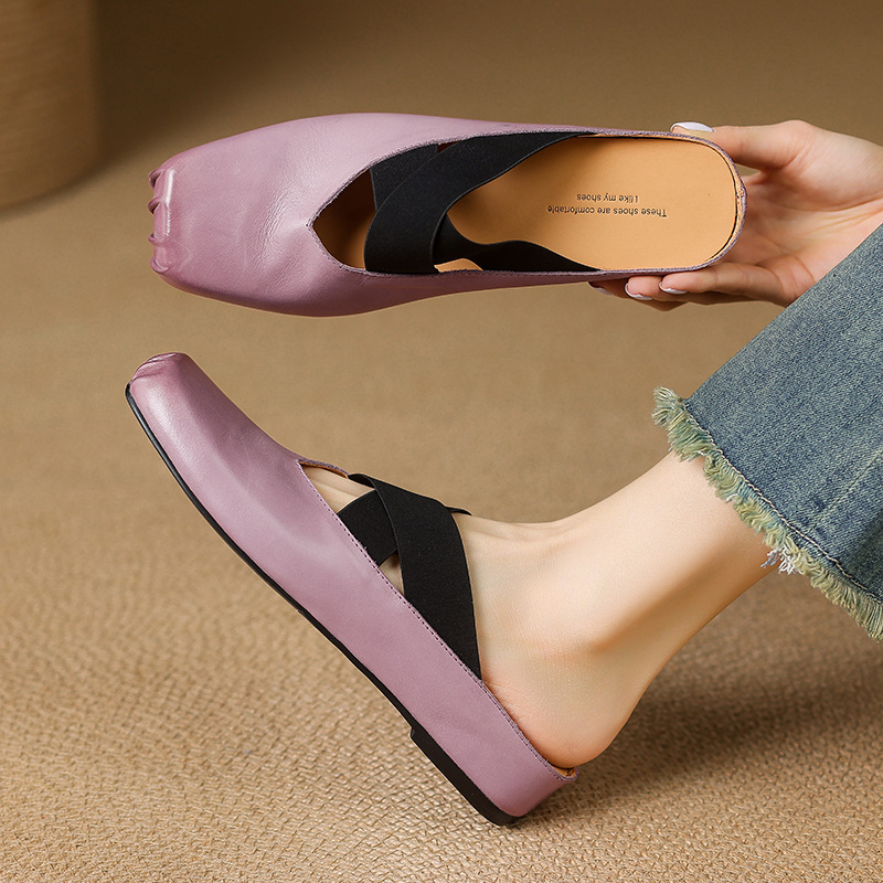 Washed Horsehide Toe-Cap Sandals for Women 2025 Summer New Pig Nose Half Slippers Cross Strap Mule Shoes Wholesale Washed Horsehide Toe-Cap Sandals for Women 2025 Summer New Pig Nose Half Slippers Cross Strap Mule Shoes Wholesale