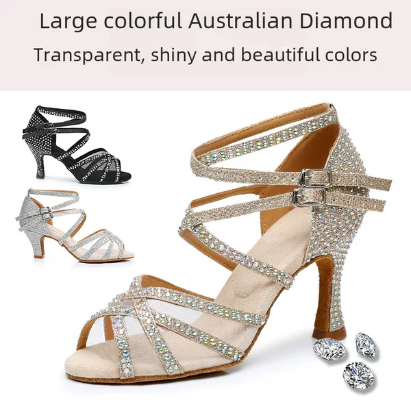 2024 Summer New Diamond-Encrusted Latin Dance Shoes for Women, Adult Genuine Sandals, Professional Soft-Soled Dance Shoes, Medium High Heels