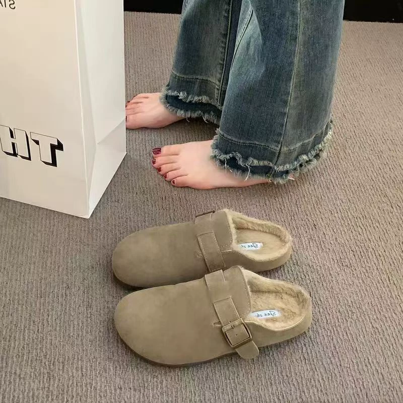 Birken обувь с бархатной головкой, чтобы носить ленивый пол-тапочки женские осенние и зимние новые мягкие кожаные меховые хлопчатобумажные тапочки Baken