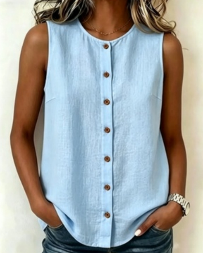 20026 / Amazon Europa y América populares transfronterizas chaleco casual de algodón camisa de mujer sin mangas botones de cuello redondo image 8