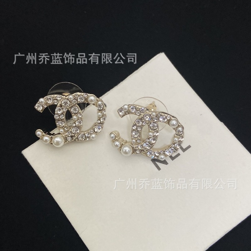 高版对版香家双C星球大小珍珠满钻耳钉女甜美小香风耳环批发代发|undefined