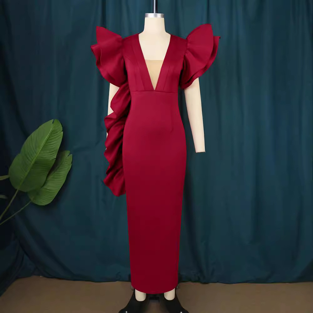 Women's Clothing deep V sexy low cut dress plus size ruffled banquet dress _voghion.com