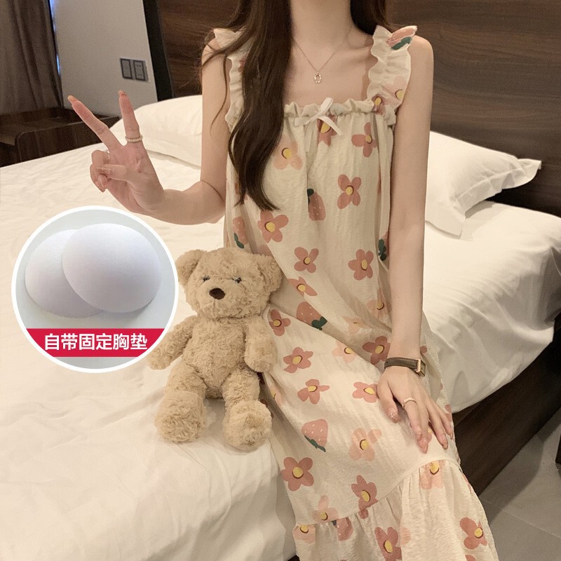 Suspenders Chest Pad Nightdress Women's Thin Cyber Popular Style Sleeveless Vest Pajamas Summer Woven Cotton Home Clothes for Petite