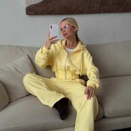 欧美跨境休闲女士套装纯色拉链连帽开衫卫衣松紧阔腿裤外贸两件套