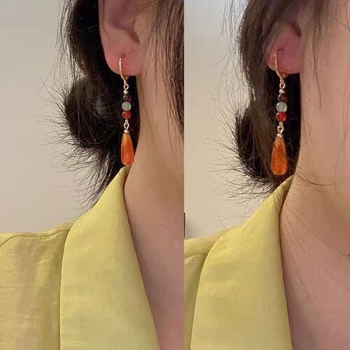 Original late autumn micro-length niche color drop new Chinese style classical cheongsam earrings ear clip autumn and winter
