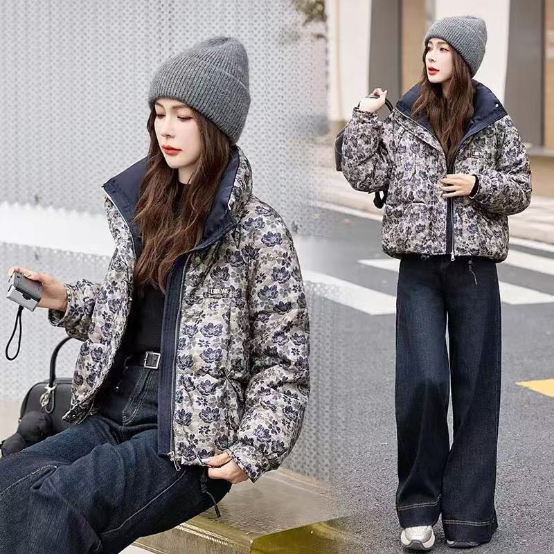 印花加厚短款羽绒棉服女装2025年冬季大码胖宽松气质减龄棉衣外套|undefined