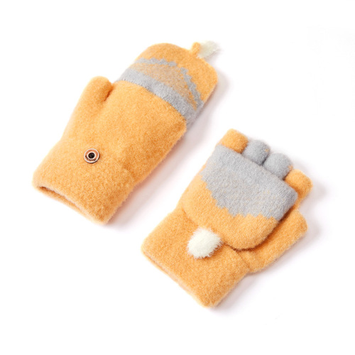 Gloves for Girls in Winter, Cute Student Writing Knitted Half-Finger Flip Cover, Children's Thicker Fleece Lined Woolen Warm Up for Middle and Large Children