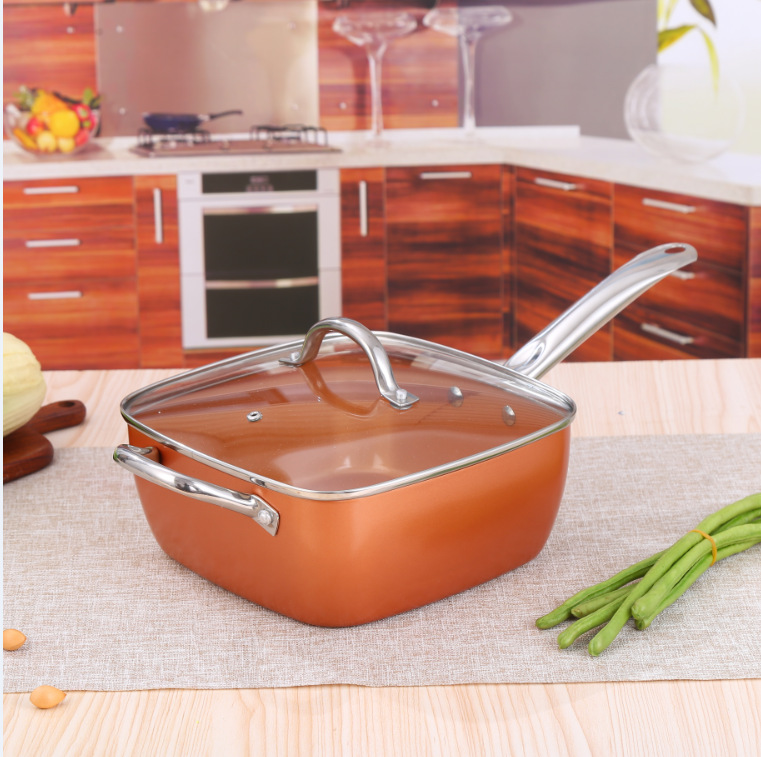 Sartén de cobre antiadherente sartén cuadrada de cuatro piezas Freidora con cesta de freidora cesta de malla de vapor sartén cuadrada