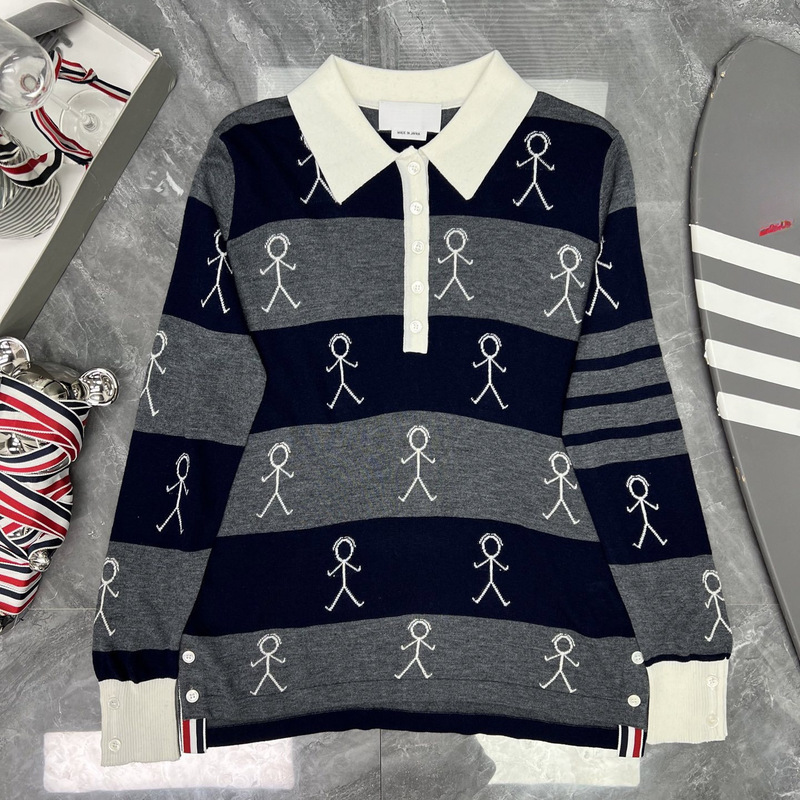 【】Factory Store High-Quality Spring and Autumn College-Style Full-Knit Stickman Stripe Color-Blocked Wool with a Turn-Down Collar