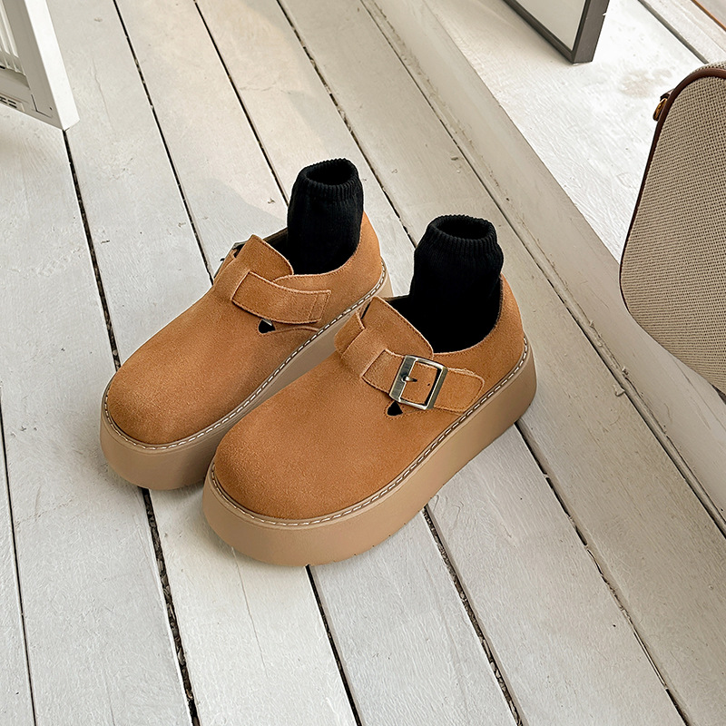 超百搭~增高7.5cm真皮棕色加绒保暖厚底勃肯鞋女2025秋冬休闲单鞋