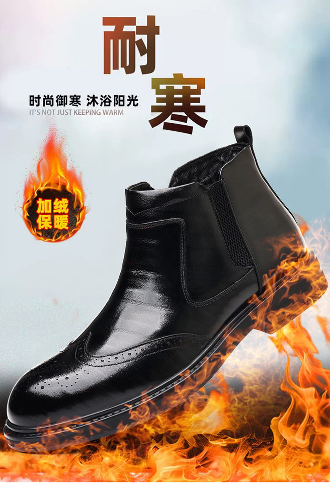 Giày bốt Martin nam da bò thật cổ trung, mũi nhọn, khóa kéo bên hông, gót 3–5 cm — Bốn mùa đen, Lông cừu đen chi tiết 3