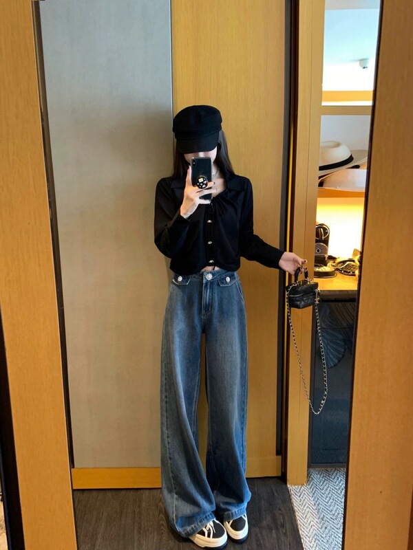 miu系珍珠扣 拯救腿型宽松阔腿牛仔裤女高腰百搭直筒裤|undefined
