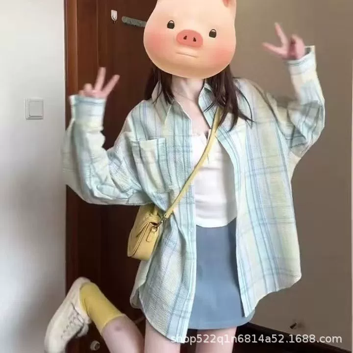 Мамбо ветер мятно-зеленая клетчатая рубашка куртка женская весна и осень тонкая маленькая маленькая свободная летняя солнцезащитная рубашка оптом