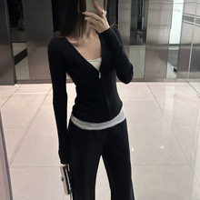 lulu毛衣外套针织开衫女春夏黑色V领短款修身拉链上衣潮