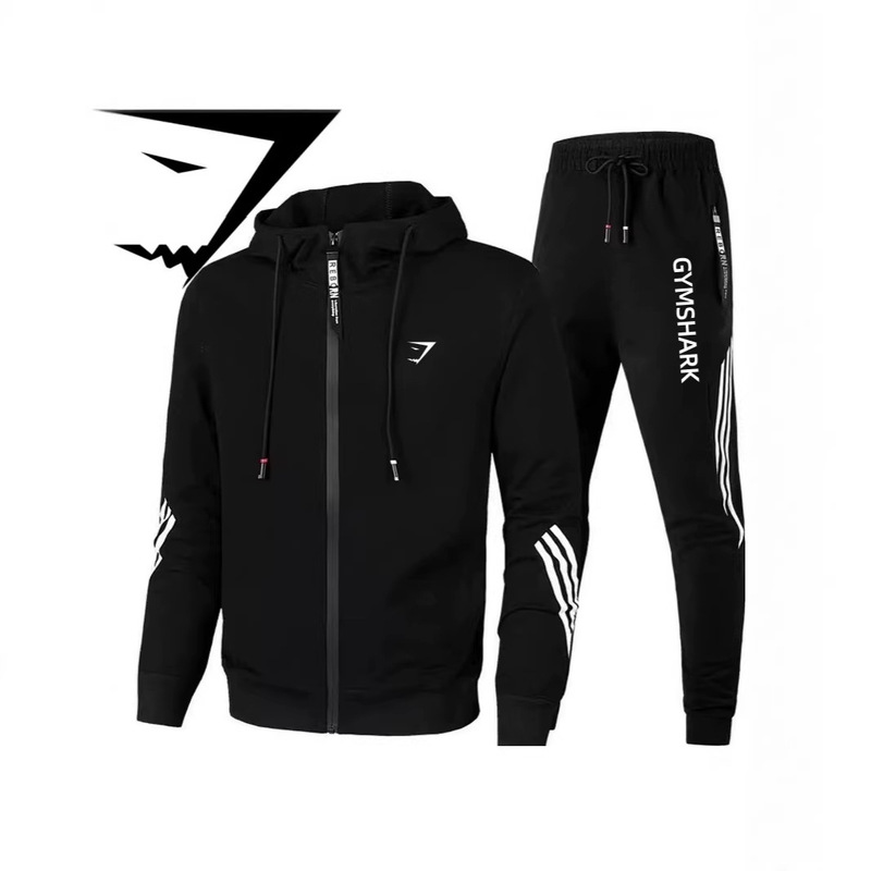 Cross-Border Printed Casual Sports Men's Suit, Fashionable Hooded Zipper Fitness Running and Cycling Suit, Muscle Shark