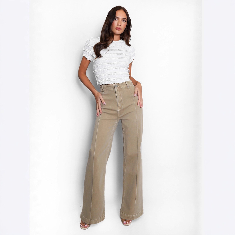 Versatile Trendy Fashion Split Line Design Wide-Leg Jeans for Women with Unique Pockets, Comfortable Low-Rise Loose Flared Pants