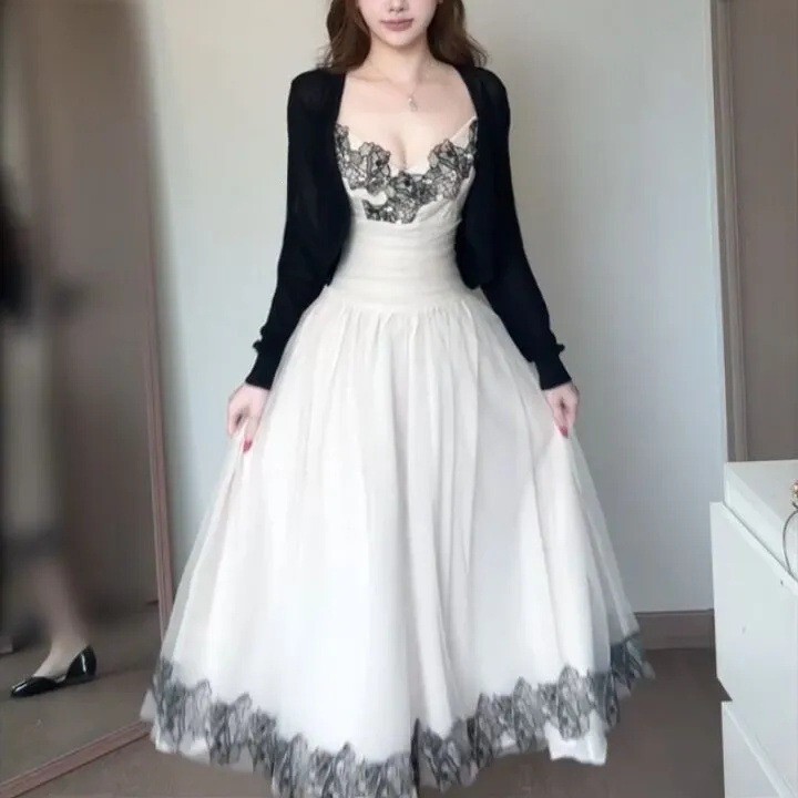 French-Style Two-Piece Lace Patchwork Mesh Slip Dress for Women, Summer Waist-Cinching Midi Dress Layered with Black Cardigan