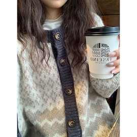 复古菱格毛衣外套女秋冬宽松慵懒风古着vintage加厚针织开衫潮流