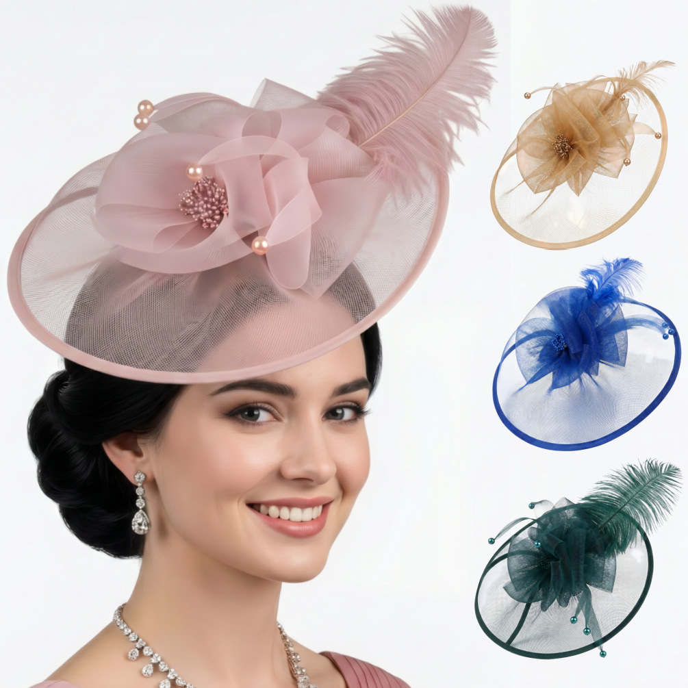 Temu Popular Mesh Feather Headdress Bow Versatile Hair Accessories Pearl Party Performance Head Flower Hair Accessories Wholesale
