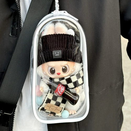 Labubu Coca-Cola enameled stroller toy, Labubu sits, party cotton doll storage bag, high-definition and thickened