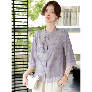 2025 New Mom Summer Clothes New Chinese Style Shirts Western Style Chinese Style Tops Middle-Aged and Elderly Women Summer Mid-Sleeve Shirts