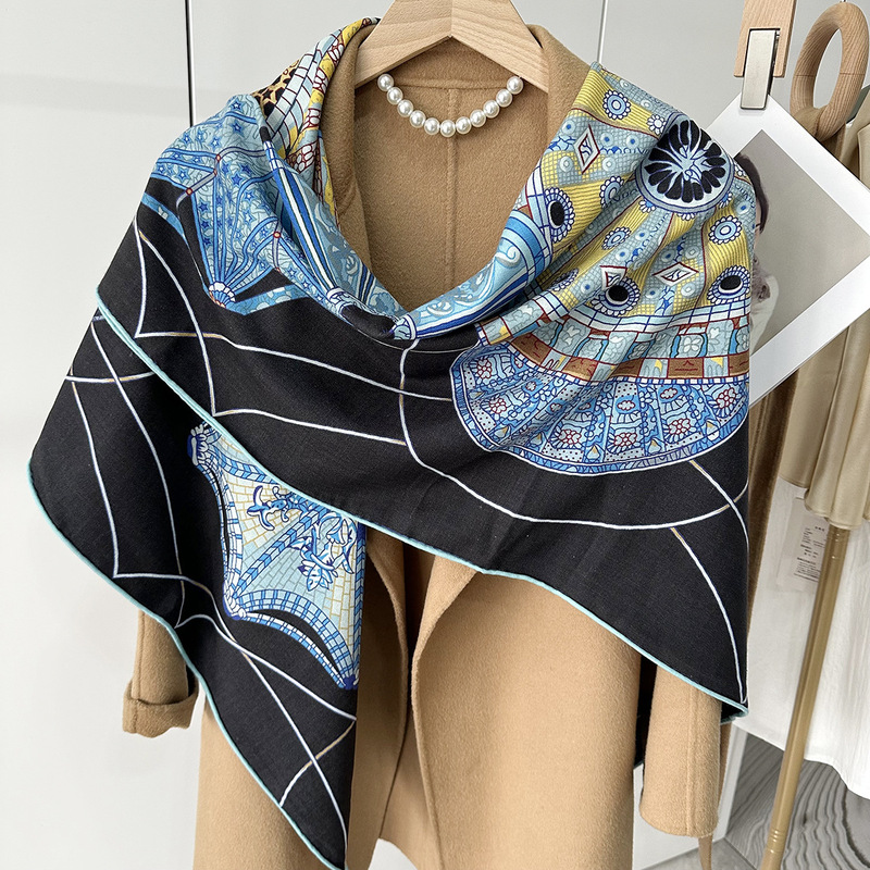 Autumn and Winter new silk wool scarf women's high-grade black warm thick wool large square scarf shawl wholesale Autumn and Winter new silk wool scarf women's high-grade black warm thick wool large square scarf shawl wholesale