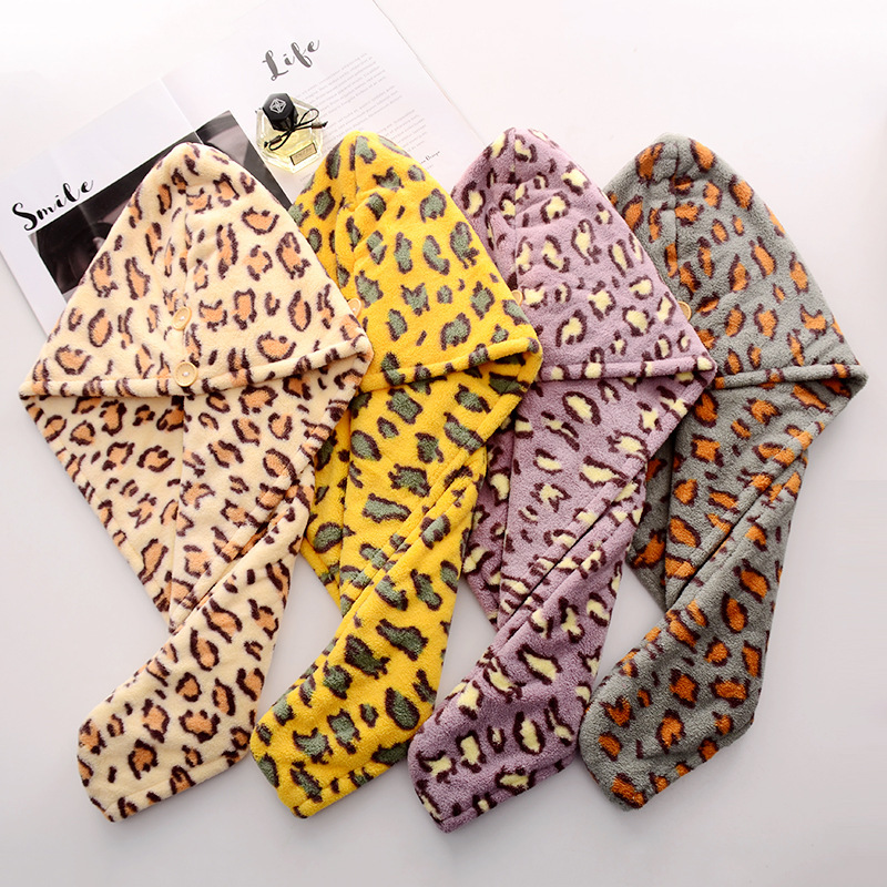 Wholesale coral fleece leopard print dry hair cap quick-drying cap strong absorbent thick double layer quick-drying towel shower cap turban Wholesale coral fleece leopard print dry hair cap quick-drying cap strong absorbent thick double layer quick-drying towel shower cap turban