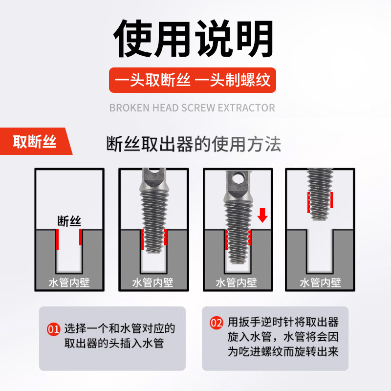 Extractor de alambre roto 4 puntos 6 puntos grifo Válvula de ángulo de reparación del grifo alambre inversa diente tubería de agua tubo roto tornillo extractor de alambre