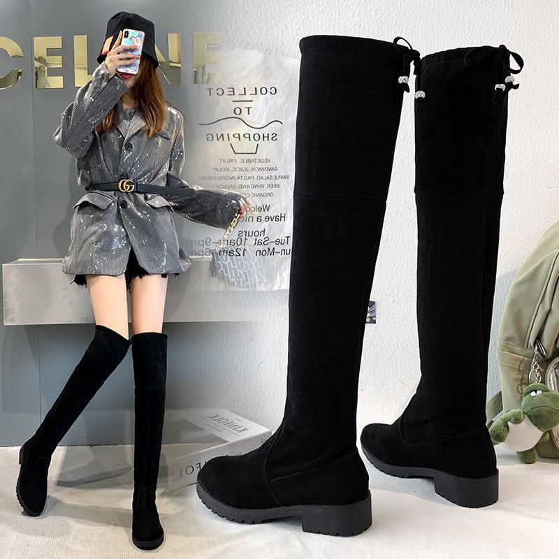 Поколение волос женские сапоги до колена 2020 осень/зима бархатные новые эластичные тонкие сапоги на толстом каблуке высокие сапоги для женщин