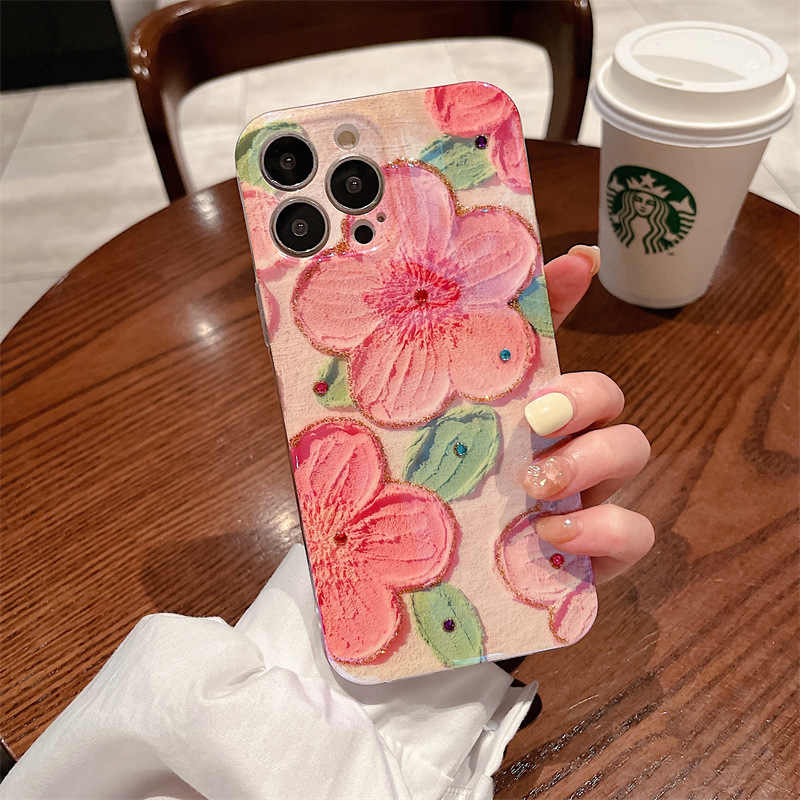 Oil painting flowers suitable for Apple 13 mobile phone case 12 blue light dot diamond iPhone11/14pro max/15PRO