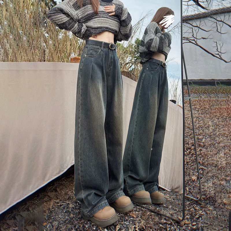 멀티 추천 기모 높은 허리 넓은 다리 청바지 여성의 2023 가을과 겨울 새로운 주름 디자인 느슨한