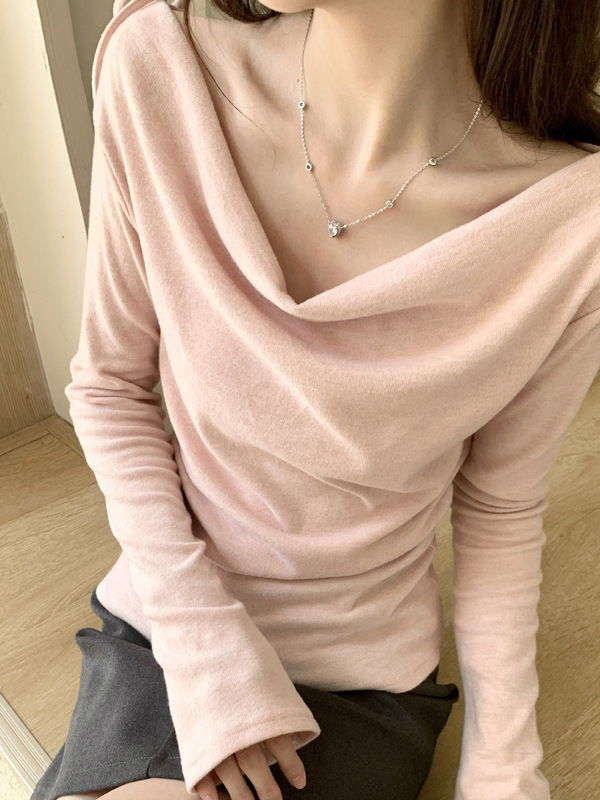 内搭打底衫女装2025新款秋季韩系荡领褶皱收腰短款t恤女|undefined